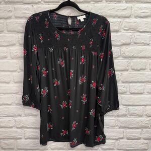 J Jill Black Floral Smocked Rayon Peasant Blouse Long Sleeve Women's size Large